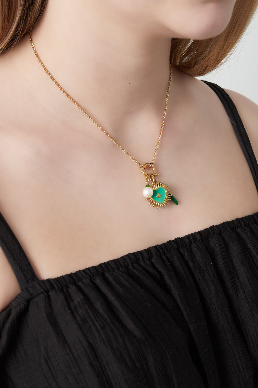 Collier femme avec pendentif en acier inoxydable, perle d'imitation, émail, verre – vert – photo 2
