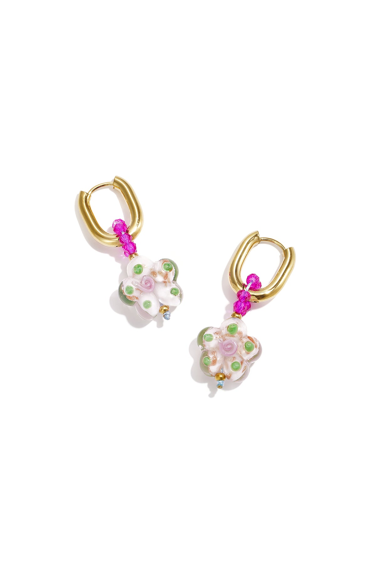 Women's Beaded Drop Earrings in Stainless Steel, Enamel, Crystal with Floral Motif – Green and Pink