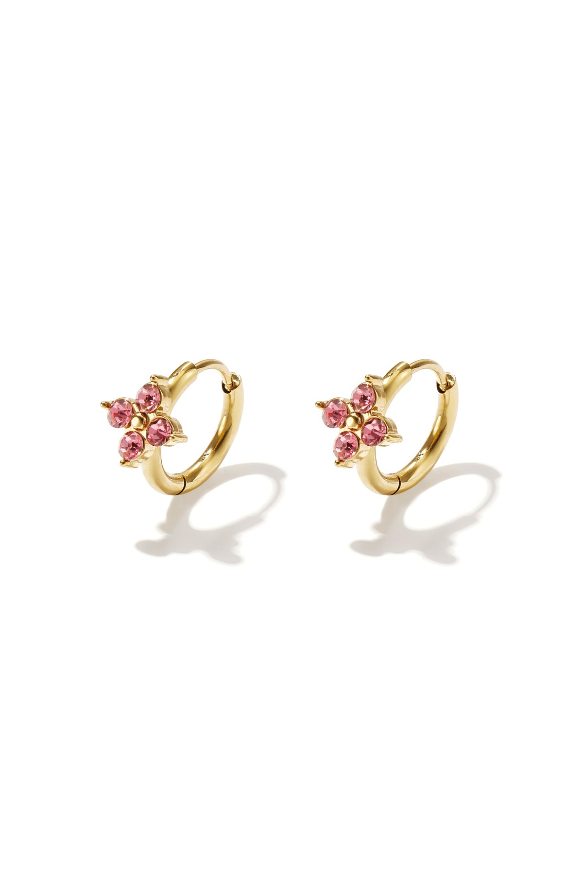 Women's Stainless Steel Hoop Earrings with Floral Design – Gold and Pink