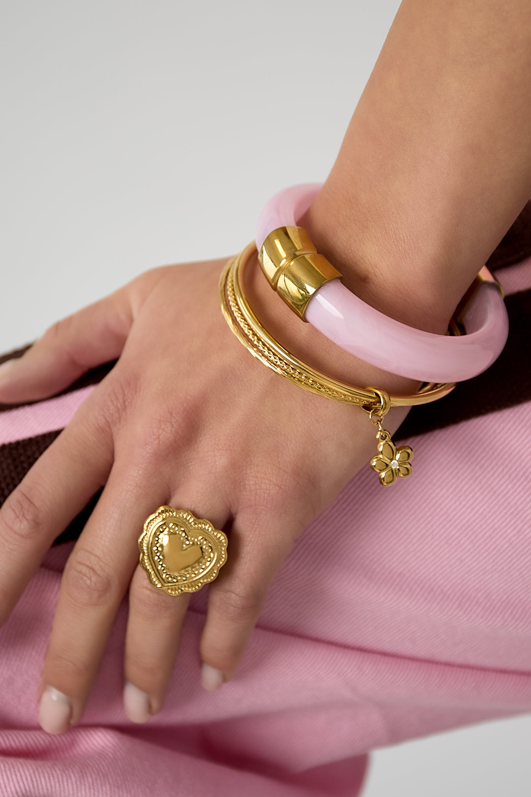 Women's Stainless Steel Bangle with Floral and Heart Design – Gold Tone – image 3