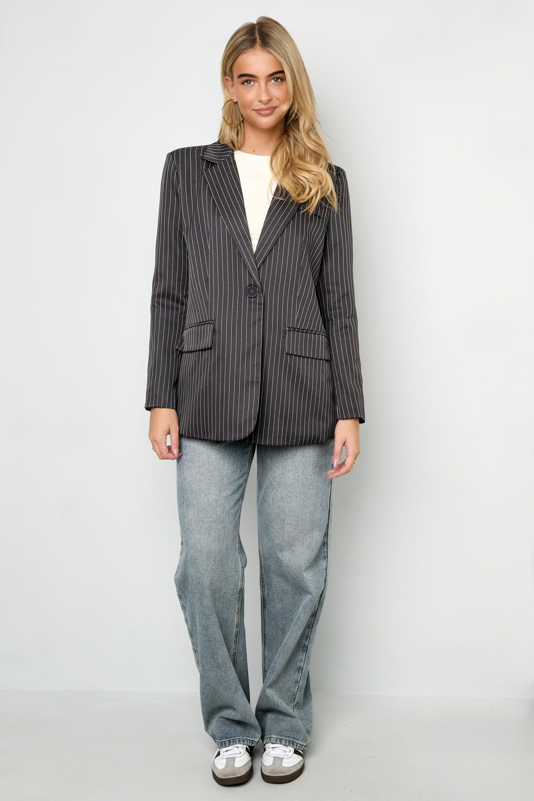 Dames asymmetrische blazer van polyester met strepen – productfoto 3