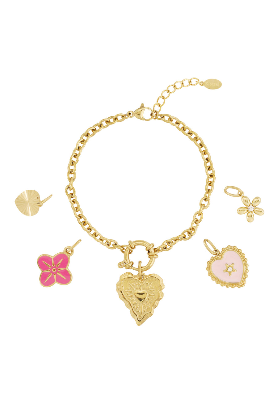 Bracelet à breloques pour femme en acier inoxydable avec motifs cœur et fleur – doré
