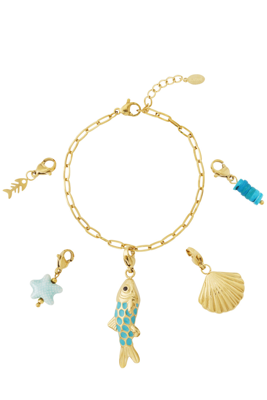 Bracelet à breloques pour femme en acier inoxydable, émail, coquillage, céramique, avec motif poisson et motif coquillage