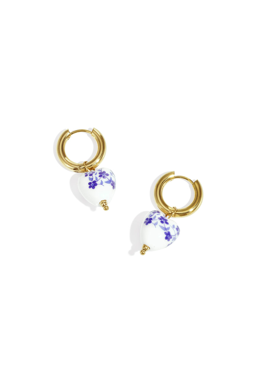 Boucles d'oreilles pendantes pour femmes en acier inoxydable, céramique à motif floral et cœur – couleur or