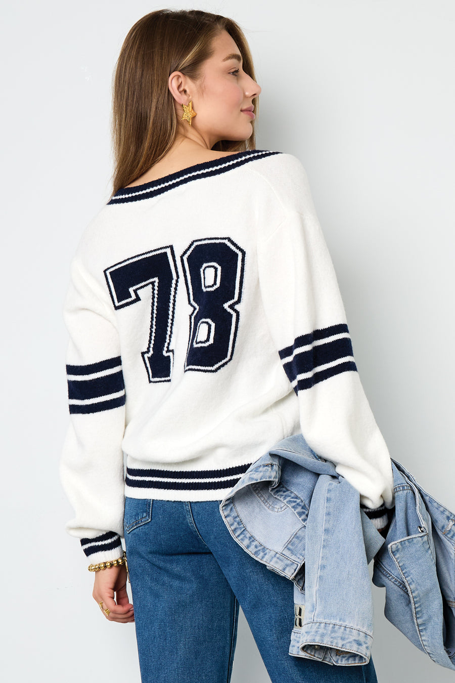 Dames sportieve V-hals trui met contraststrepen – productfoto 2