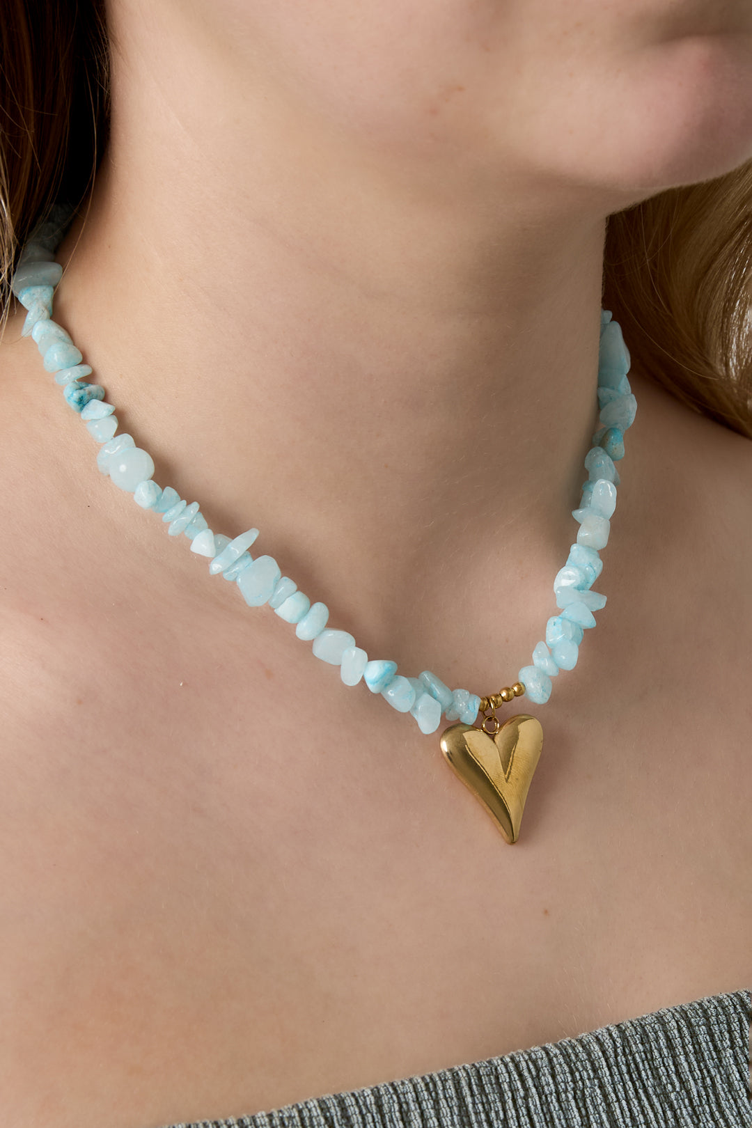 Collier de perles pour femme en pierre, acier inoxydable avec cœur – plusieurs coloris – photo 2