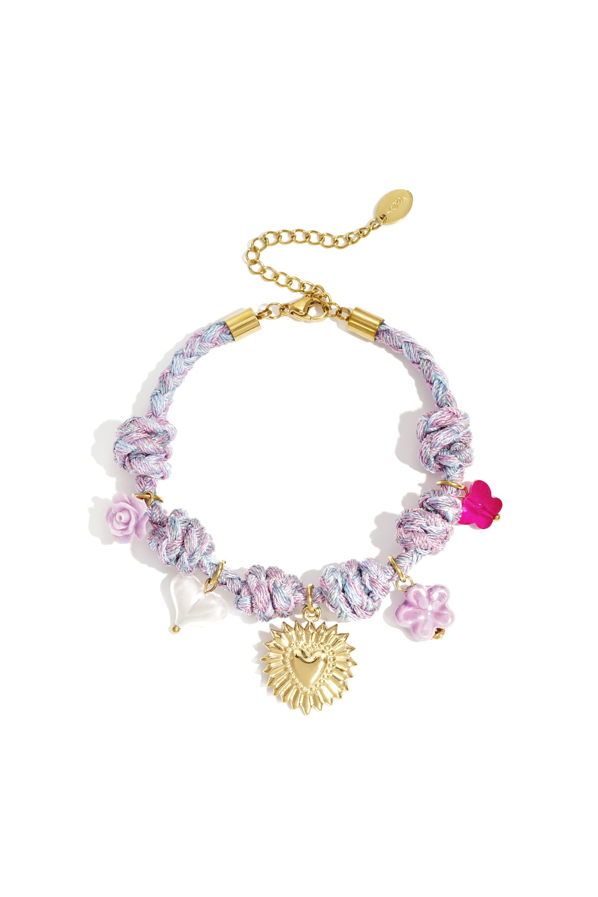 Braided women's bracelet with floral motif and heart shape – multiple colors