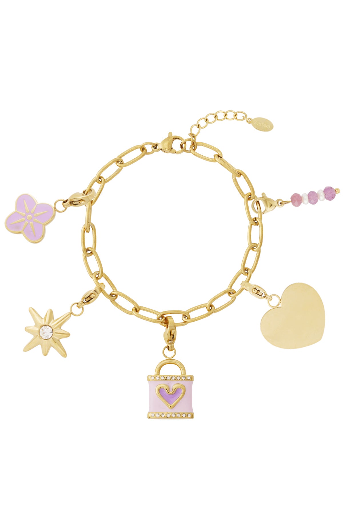 Women's Charm Bracelet Made of Stainless Steel, Enamel, Imitation Pearl, Stone – Gold-colored – image 3