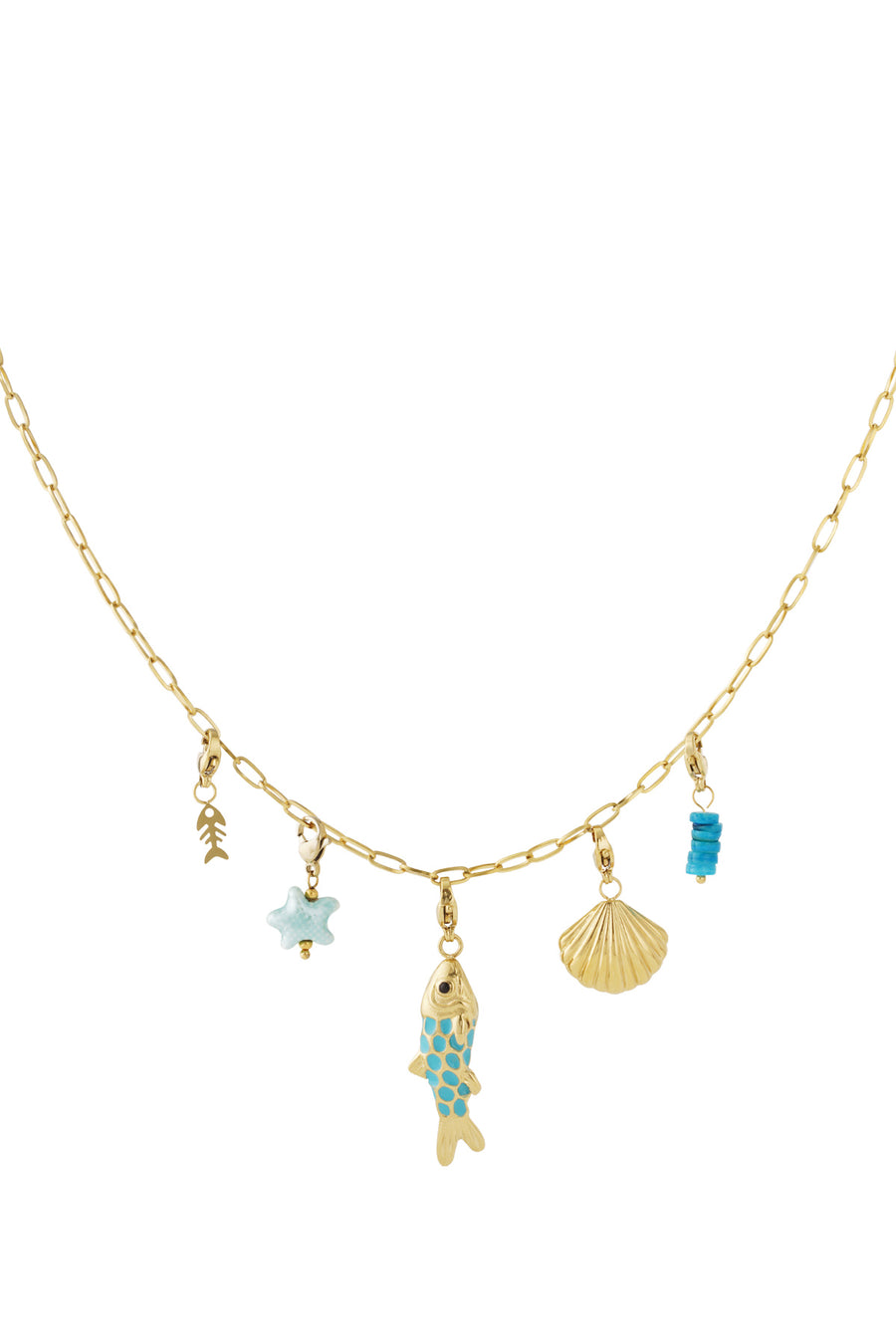 Collier pour femmes avec pendentif en acier inoxydable, émail, coquillage, céramique à motif poisson et motif coquillage