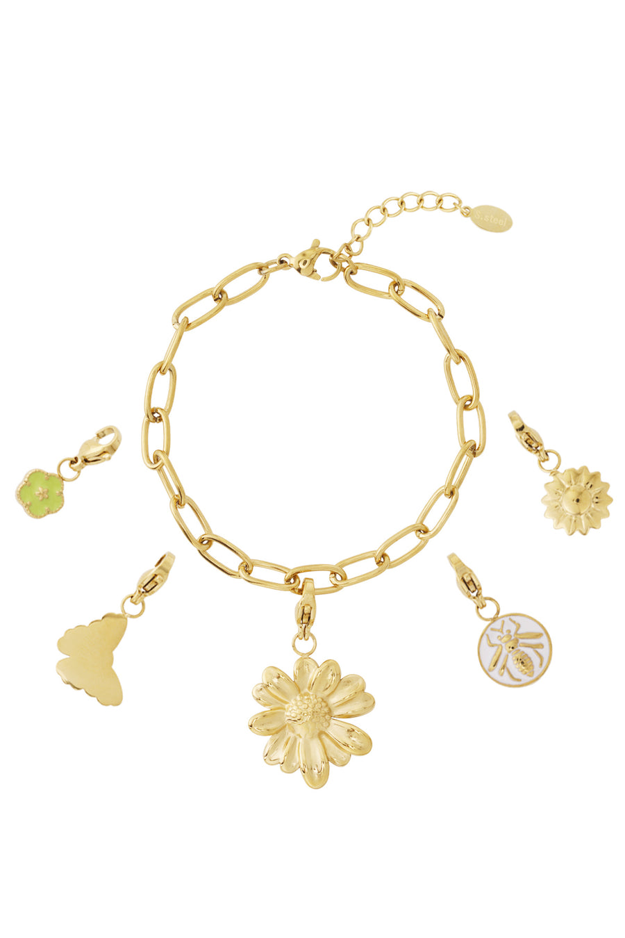 Bracelet à breloques pour femme en acier inoxydable avec motif floral – couleur or