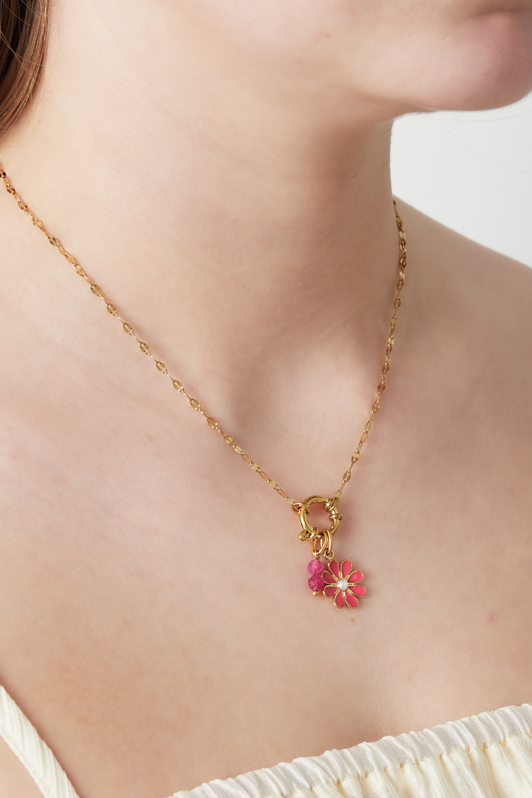 Ladies' necklace with pendant made of stainless steel, enamel, imitation pearl, stone, rhinestones with floral motif – image 2