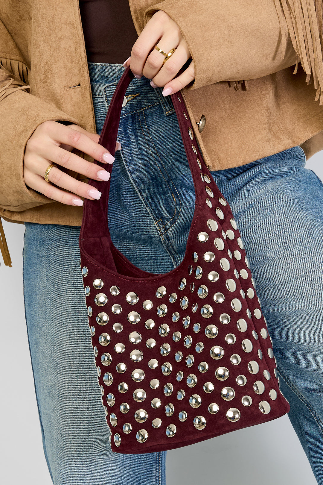Women's polyester shoulder bag with stud details – brown and red – image 3