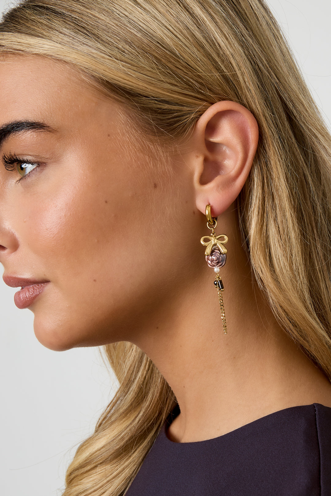 Boucles d'oreilles pendantes pour femme en acier inoxydable, pierre, perle d'imitation, céramique avec motif floral – photo 2