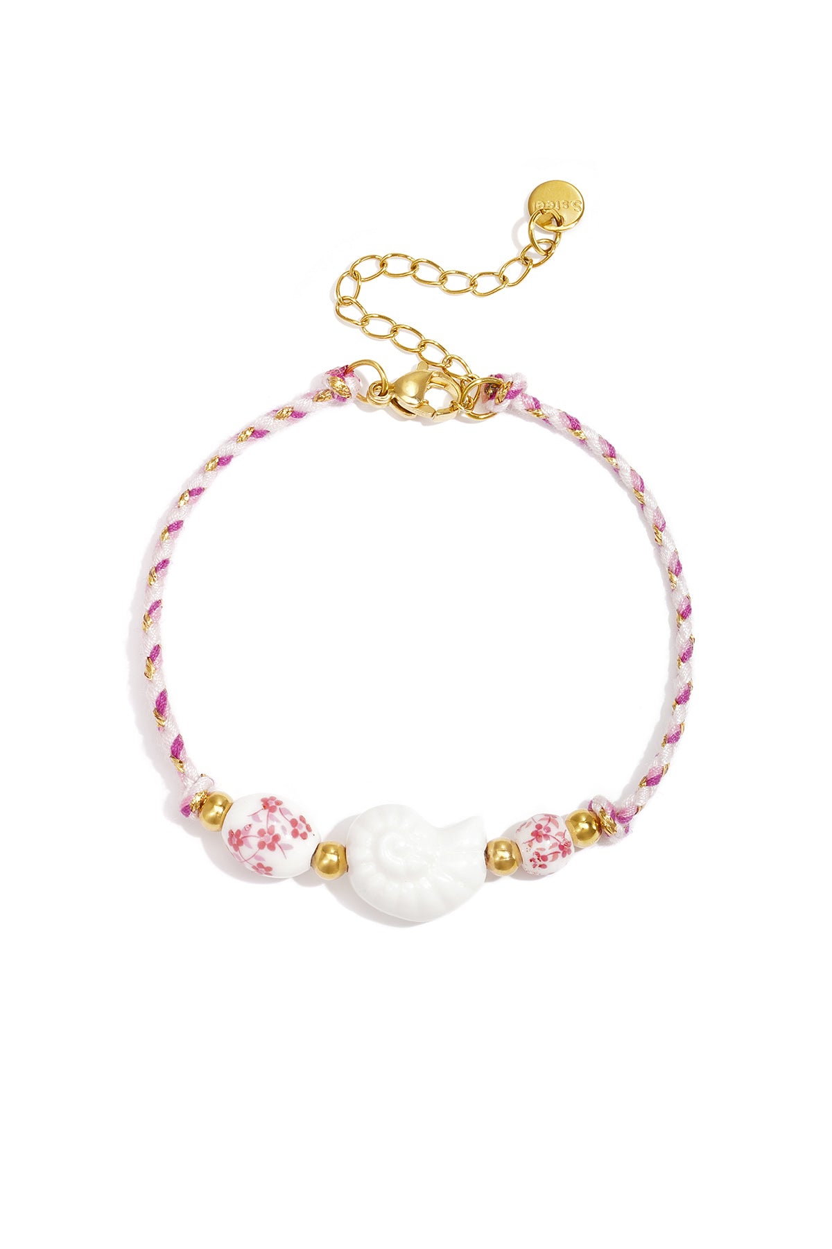 Armband van touw met schelp en kralen met bloemdesign