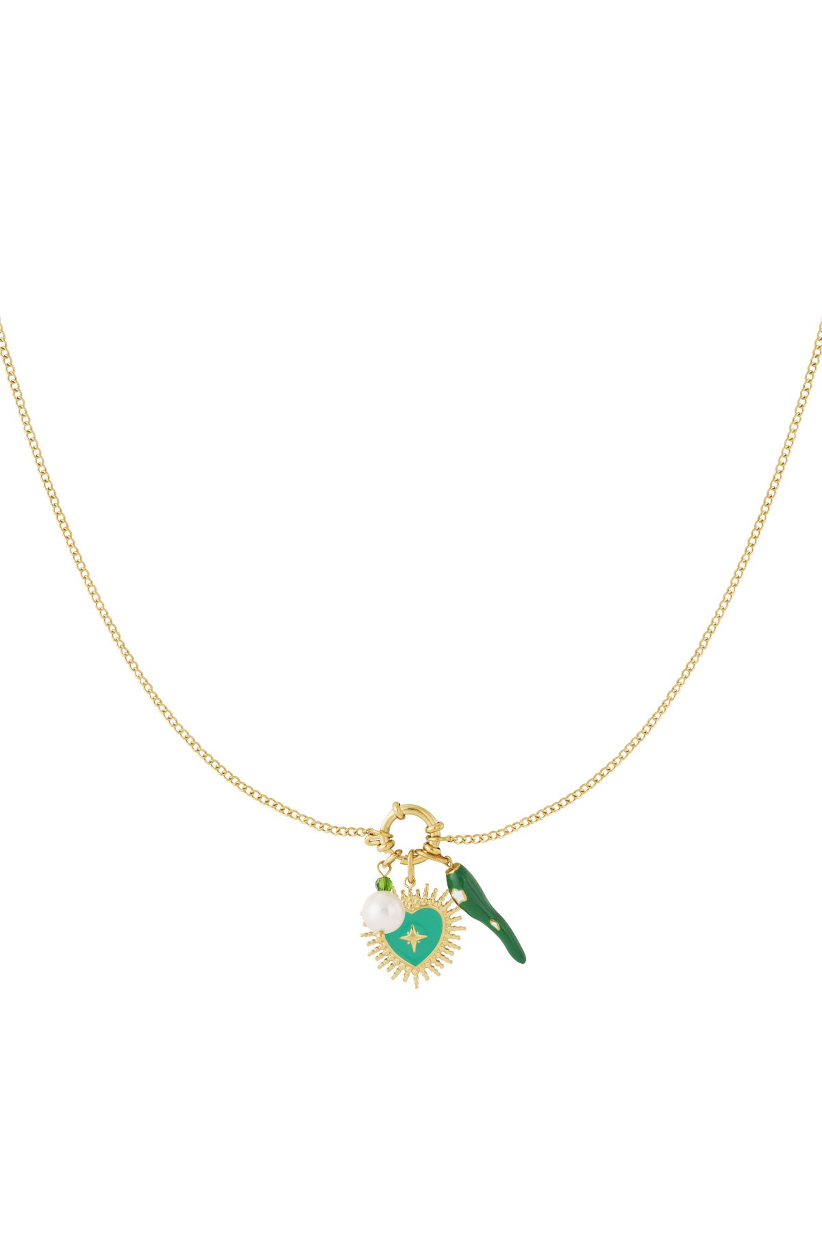 Collier femme avec pendentif en acier inoxydable, perle d'imitation, émail, verre – vert – photo 3